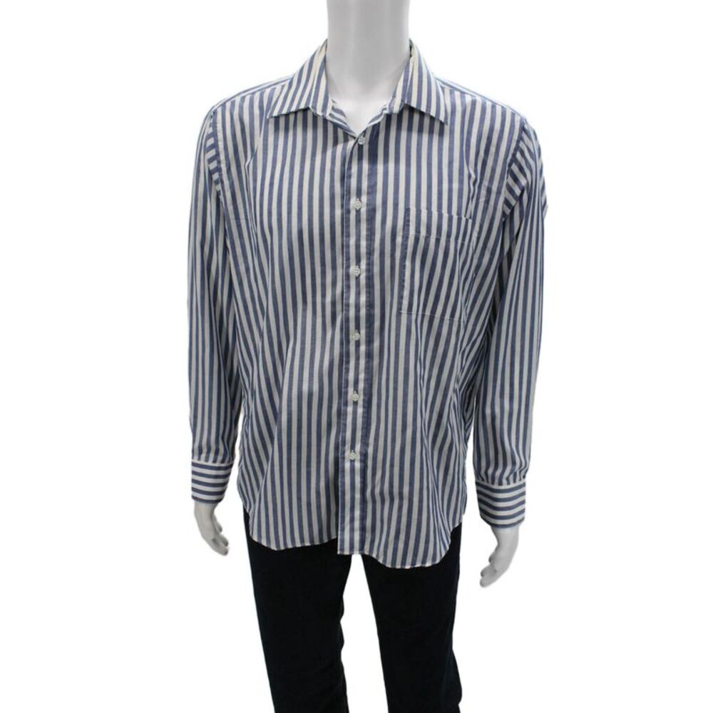 Pierre Balmain Mens Point Collar Striped Dress Shirt Blue Long Sleeve Size L